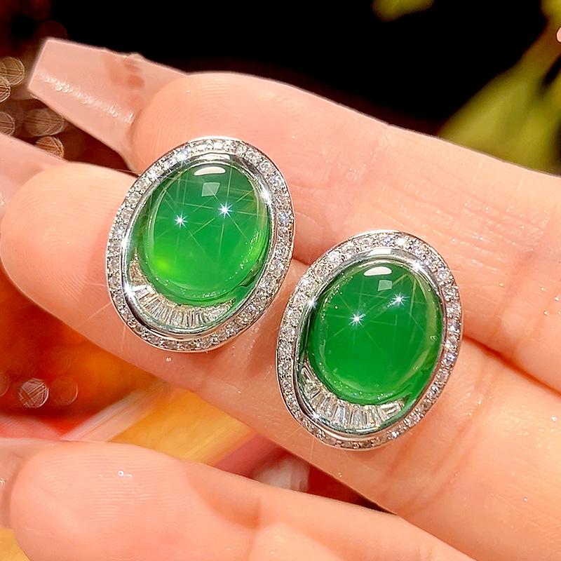 Copper Bottom Gold-Plated Ice Seed Fluorescence Simulation Blue Pointed Crystal Green Chalcedony Stud Earrings 10 * 12
