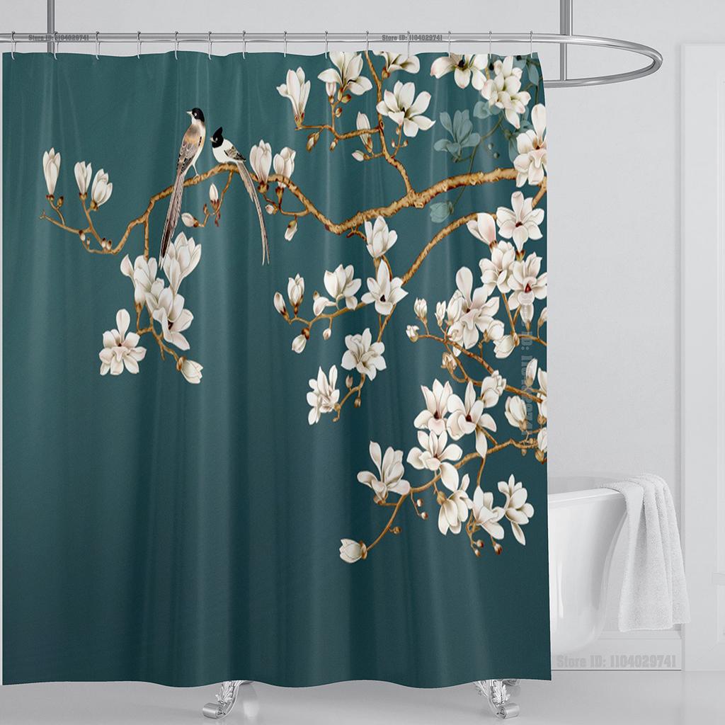 Chinese Style Flower and Birds Tree Shower Curtains Crane Pattern Bath Curtain Waterproof Bathroom Decor With Hooks 3d Printing