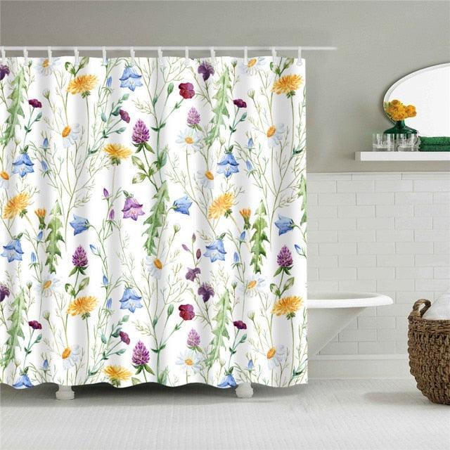 Green Leaves Plant Flower Butterfly Shower Curtain Watercolor Floral Waterproof Fabric Bath Curtains Bathroom Accessorie Decor