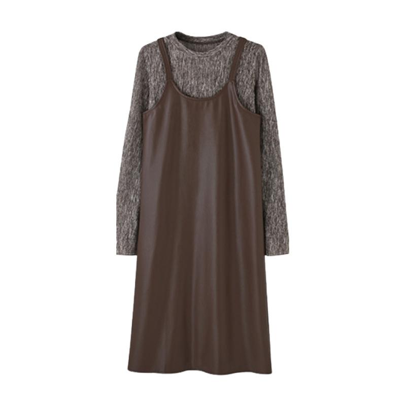 

Новый женский комплект чайного платья 2025 года весна-осень кожаная юбка на подтяжках вязаный свитер комплект из двух предметов XXL