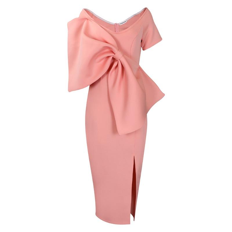 Womens Off Shoulder Big Bow Purple Bodycon Midi Dress Elegant Party Cocktail Dress