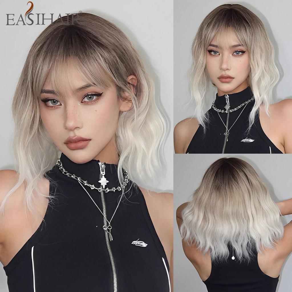 EASIHAIR Light Brown To Platinum Ombre Synthetic Wigs for Women Short Wavy Cosplay Lolita Natural Hair Wig with Bangs Heat Resistant