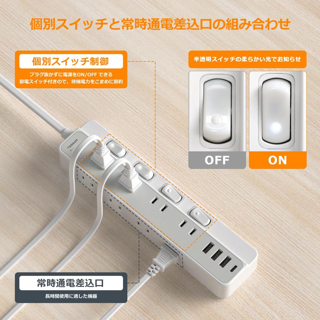 TESSAN 2m Magnetic Power Strip Extension Cord with Slim Plug, Octopus-Leg Outlets, and USB Included. 8 AC Outlets, 1 Type-C and 3 Type-A Ports, Perfec