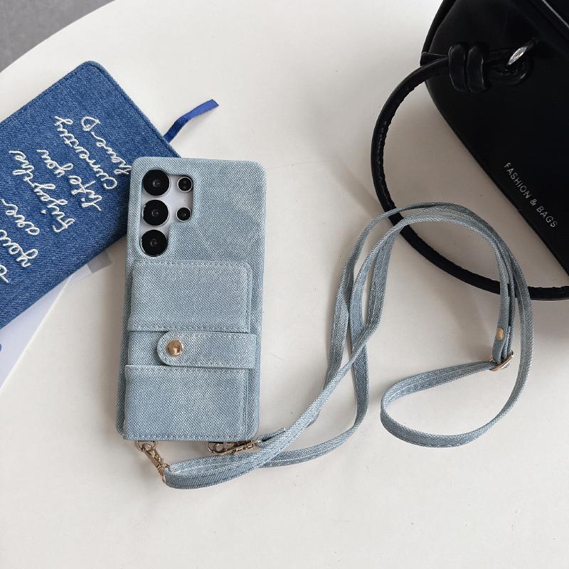 Luxury Solid Color Denim Wallet Card Slot One Buckle Lanyard Phone Case For Samsung S25 Ultra S23 S24 Ultra Bumper Back Cover