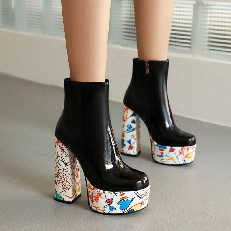 

Модные ботильоны из лакированной кожи FHC, женские короткие ботинки, зимняя обувь на платформе, ботильоны на каблуке с принтом, боковая молния, черные, красные, белые, дропшиппинг 33 чёрный