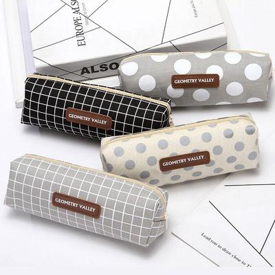 Simple Small Fresh Polka Dot Pen Bag Pencil Case Zipper Canvas Large Capacity Stationery Bag For Elementary And Middle School Students