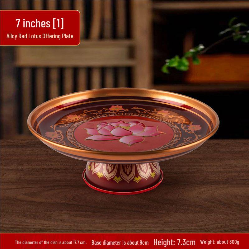 Fruit Offering Plate for Buddha, Deity Altar Plate with Alloy Lotus Flower, God of Wealth, Guanyin Bodhisattva.