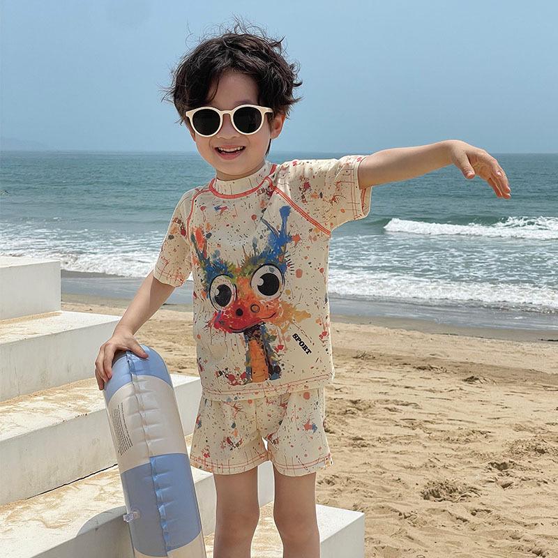 Colorful Cartoon Swimsuit Set for Kids: Short Sleeve Top & Shorts - Perfect for Beach or Hot Spring Adventures