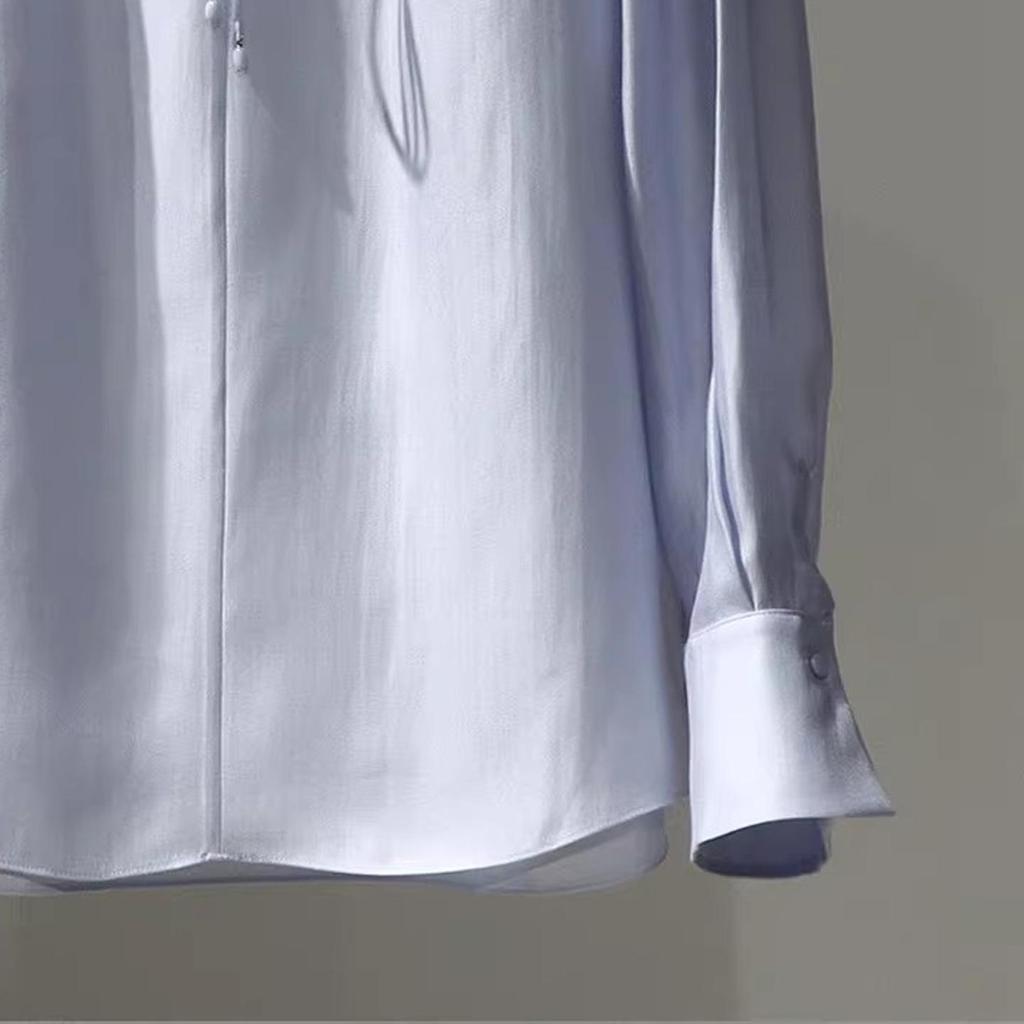 In Stock: 2026 Spring Fashion Sky Blue Lace-up Ruffle V-neck Women's Shirt 1H3120101G