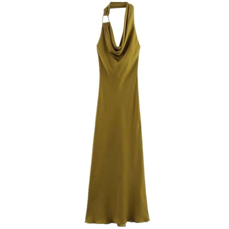 Fashion Style 2024 Autumn New Women's Clothes Hanging Collar Silk Satin Texture Draped Collar Midi Skirt Dress 9878157