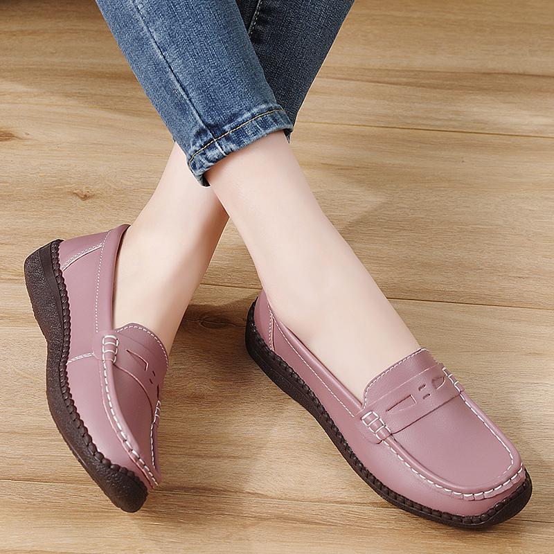 Women Simple Grey Loafers Leather Driving Moccasins Comfort Flats Casual Slip on Plus Size Black Shoes