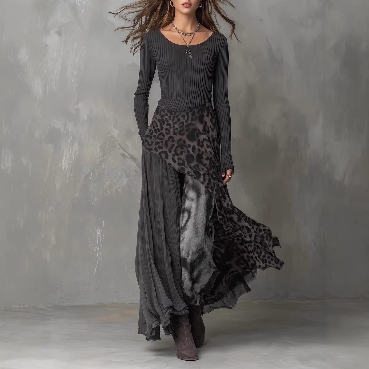 Стильное платье-пэчворк с леопардовым принтом, на резинке, с длинными рукавами и широким подолом 2026 S серый
