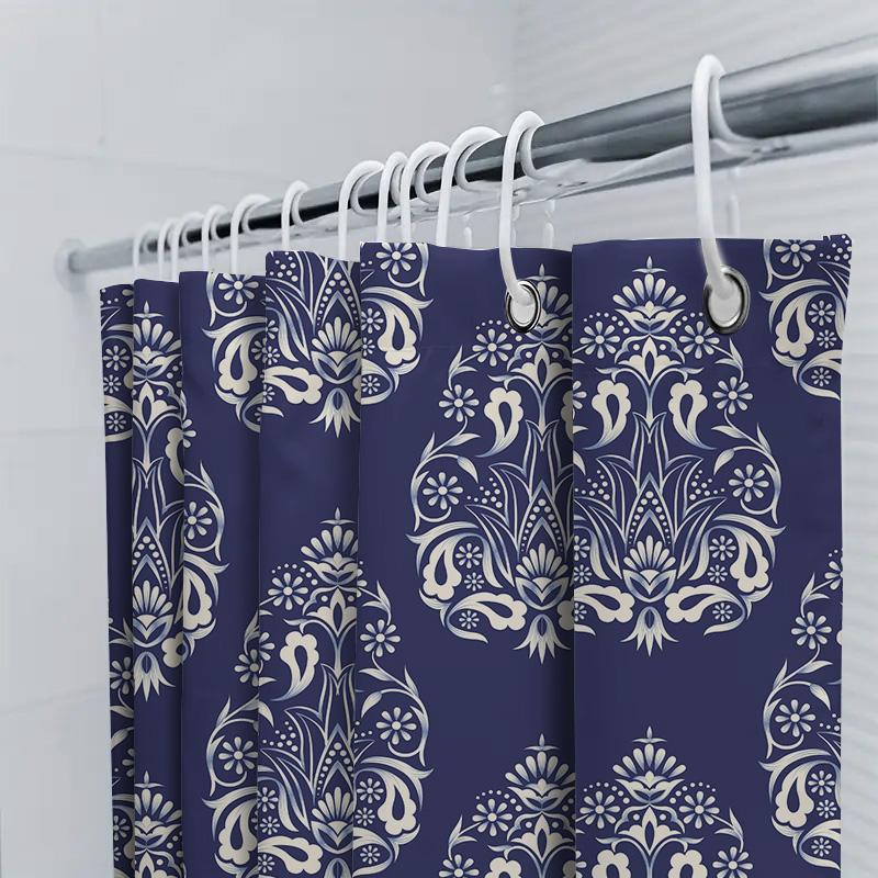 Blue Shower Curtain With White Floral Patterns Bath Decor For Bathroom Waterproof Fabric 72 Long (Set)