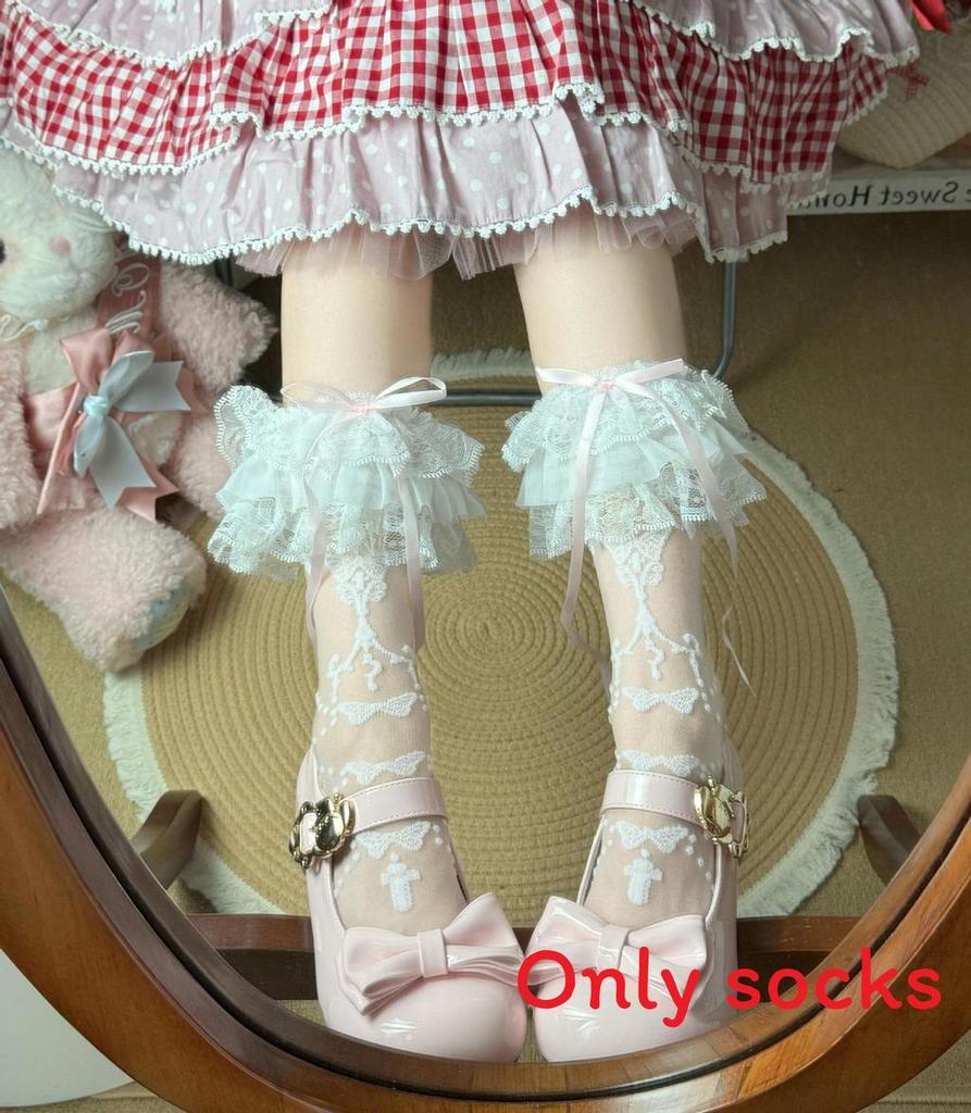 Lolita Butterfly Pattern Nylon Girls Midcalf Socks With Lace Trim For Spring Summer Wear