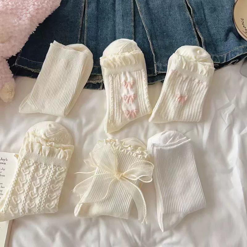 6 Pairs Women Butterfly Knot Mid Tube Socks Cute Lolita Jk Lace Heart Soft Comfortable Sweat Absorbing Breathable Casual Socks