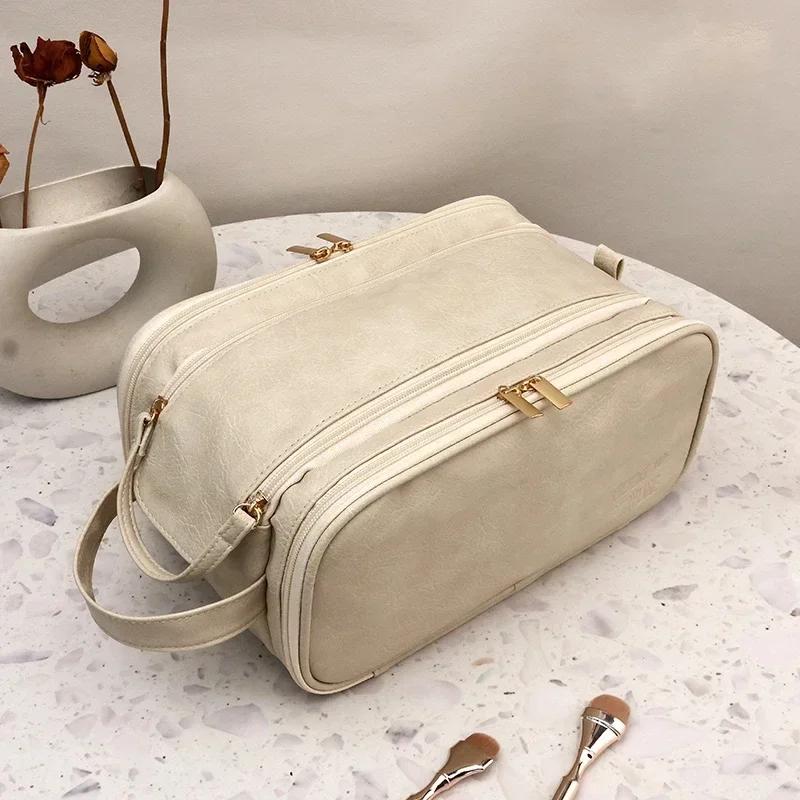 Multifunctional Makeup Bag For Women PU Leather Large Capacity Portable Double Zipper Travel Makeup Brush Toiletries Storage Bag