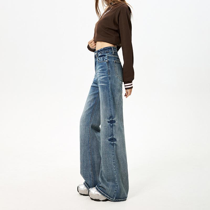 American heavy industry elastic non-stick legs loose slightly wide legs crumpled cat whisker comfortable flared pants jeans women's trousers
