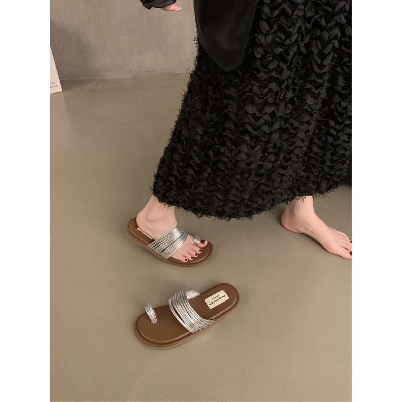 Flat-bottomed Set of Toe Small Cool Slippers for Women's Explosive Foreign French Summer Wear 2025 Niche Beach One-word Drag