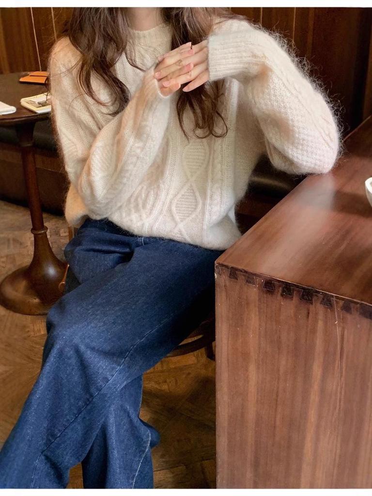 Women's Gentle Style Cashmere Round Neck Cardigan - Autumn Winter Twist Flower Knit Sweater