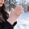 Korean Cute Blue Bow Knit Plush Gloves Women Winter Thick Fleece Warm Cold Proof Finger Gloves Fluffy Soft Comfortable Windproof