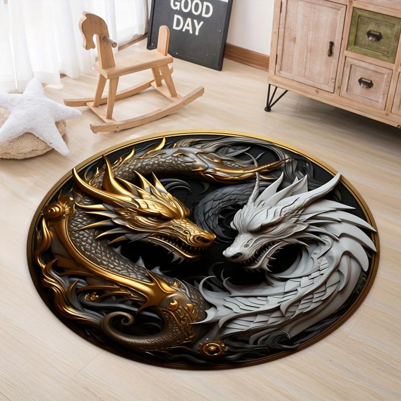 

3D Golden Dragon and White Dragon Round Rug, Non-slip Floor Mat for Living Room, Bedroom, Bathroom, Holiday Home Decoration 60cm