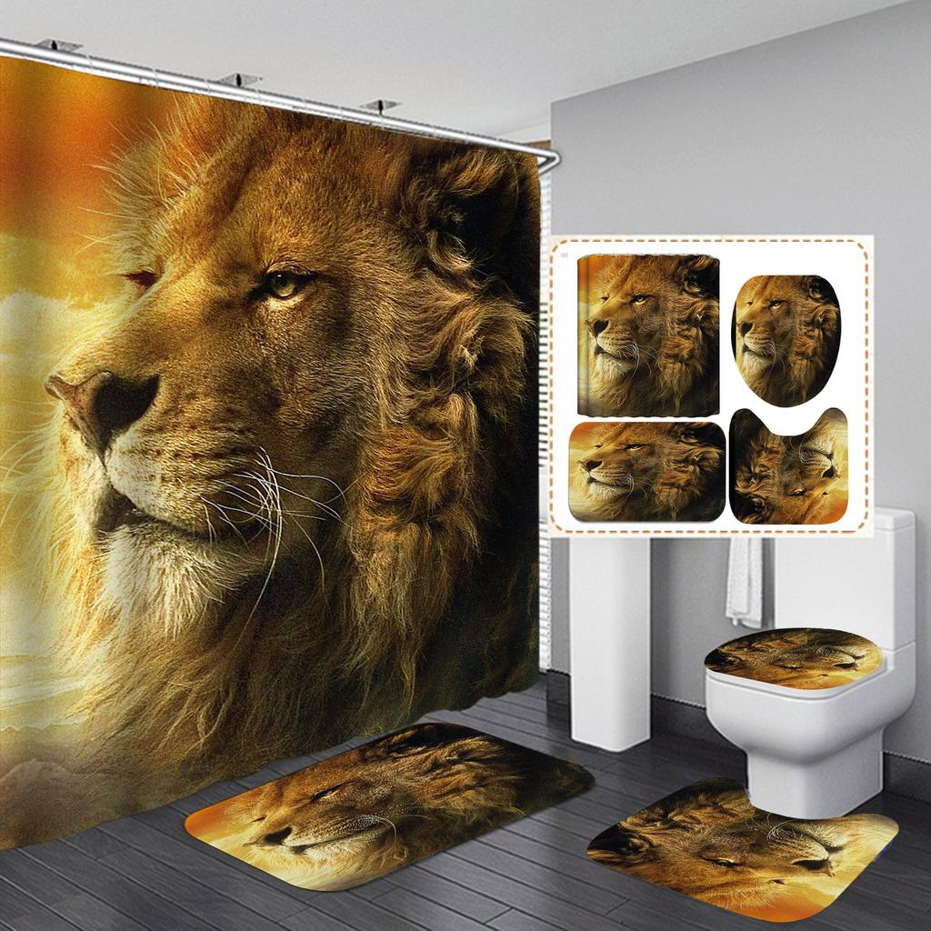 Seturi de perdele de duș din seria Lion 4 buc pentru baie Covoare de baie antiderapante Capac capac de toaletă Covoraș de baie