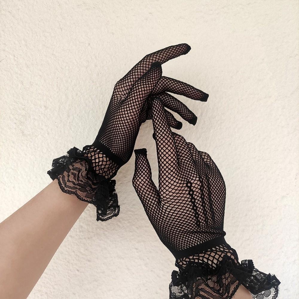 Soft Ruffle Lace Mittens Full Thin Lolita Lace Gloves Hollow Out Mesh Fishnet Mesh Gloves