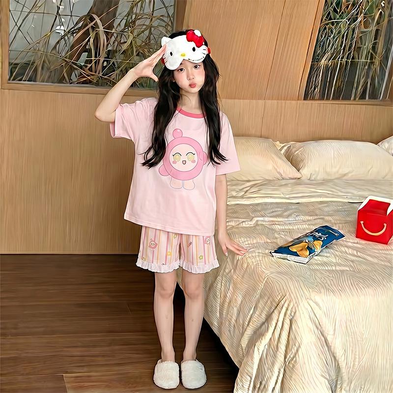 Girls' Cartoon Summer Pajama Set - Short Sleeve & Shorts, Lightweight, Cute, Comfortable for Middle & Older Children