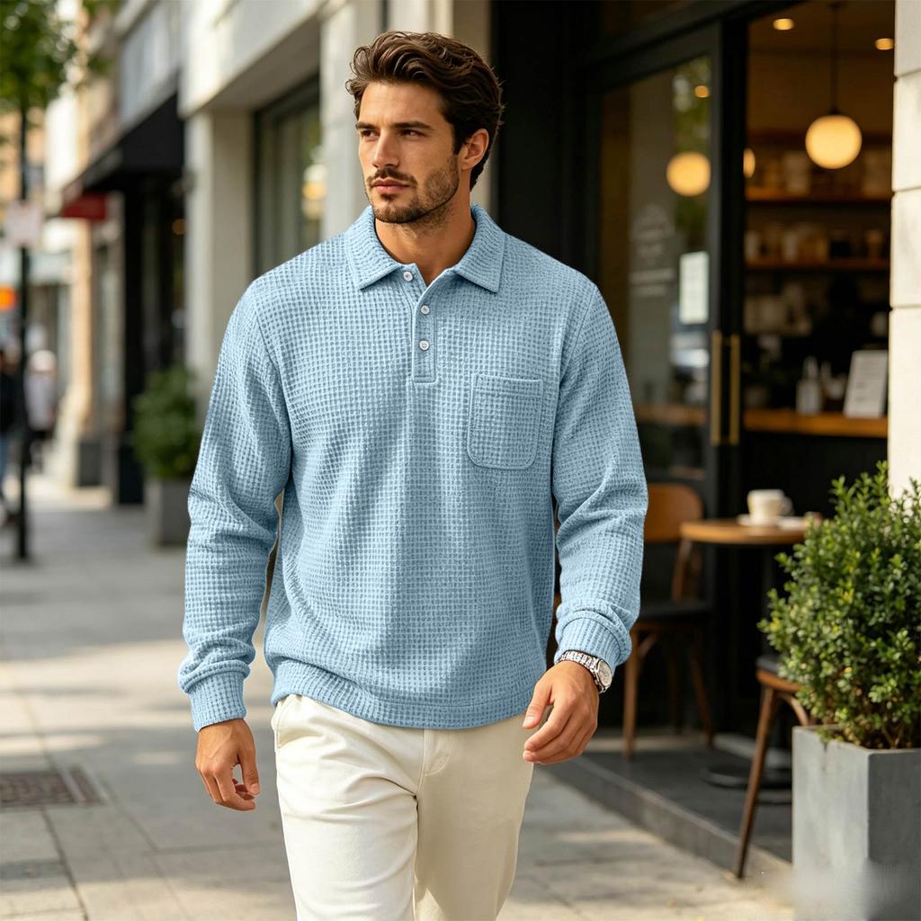 Men's Knit Pullover Top Collared Long Sleeve Pocket Casual Outdoor Fall Shirt