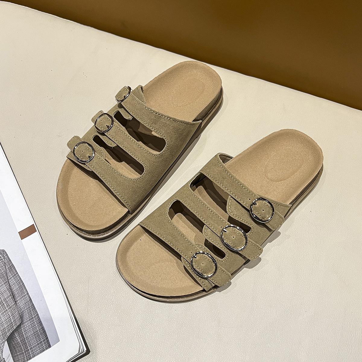 

Fashion Flock Low House Slippers Platform Shoes Slides Cover Toe Mules For Women 2025 Soft Flat Rubber Hoof Heels PU Basic Fabric Casual 35