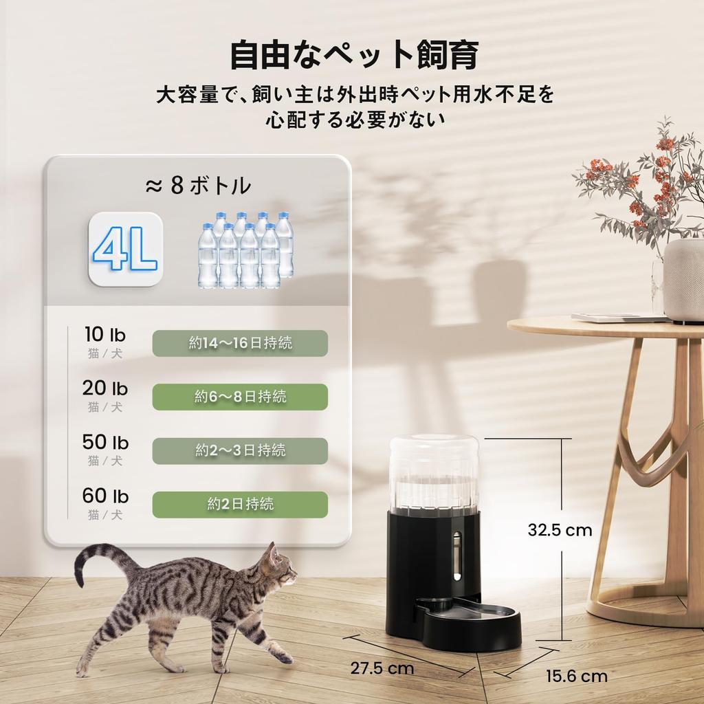 JUNSPOW 4L Pet Cat Dog Large Capacity Automatic Waterer with Stainless Steel Suitable for Multiple House Small Cats and Plastic Bottle Waterer,