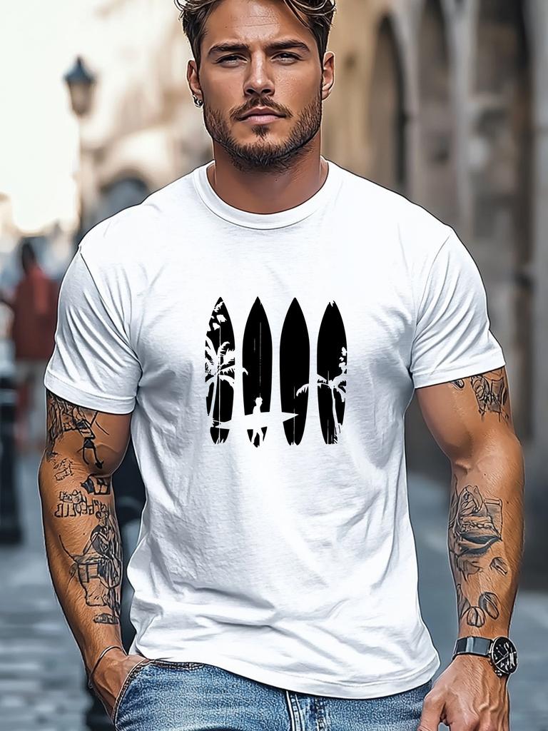 Unisex Summer Casual Short Sleeve T Shirt Surfboard Palm Tree Surfer Silhouette Graphic Slim Fit Street Fashion Tees Tops