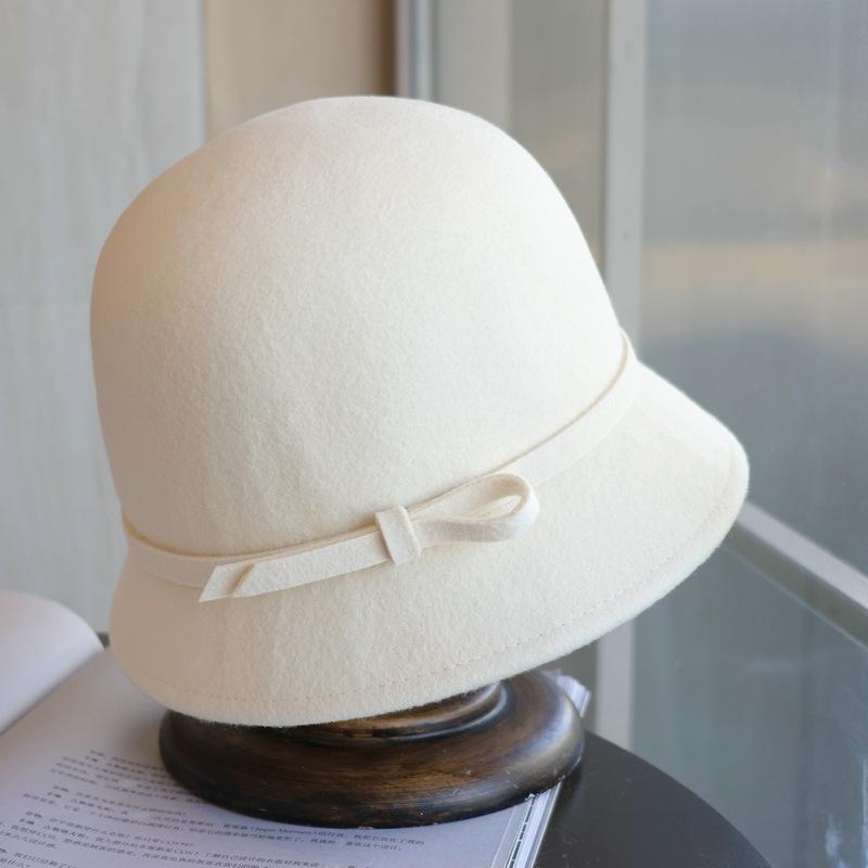 Mu Ling, the Republic of China Daughter Bow White Woolen Top Hat Hepburn French Elegant Autumn and Winter Fisherman Basin Hat Woman