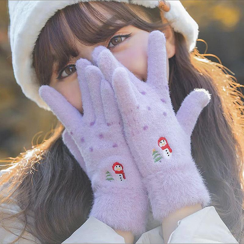 Women's Touch Screen Gloves Embroidered Snowman Cute Imitation Mink Warm Knitted Plush Autumn and Winter Cold-proof Finger Gloves