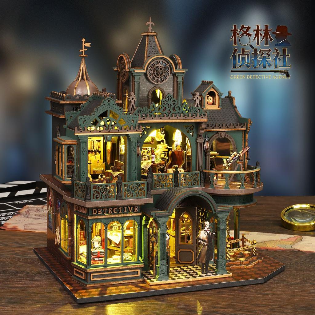 Jiate DIY Dollhouse Green Detective Agency Wooden Miniature Villa Model Kit Handmade Stress Relief Birthday Gift for Men Decorative Ornament