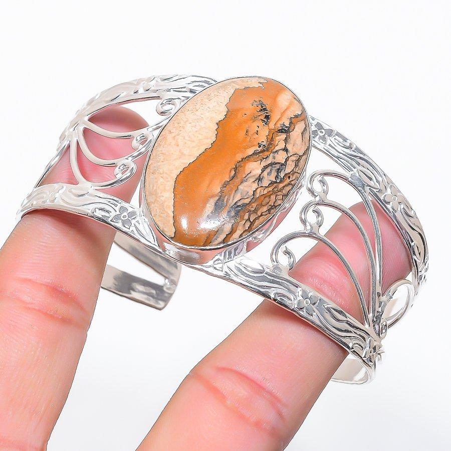 Natural Picture Jasper Gemstone 925 Sterling Silver Cuff Bangle Adjustable q3T74