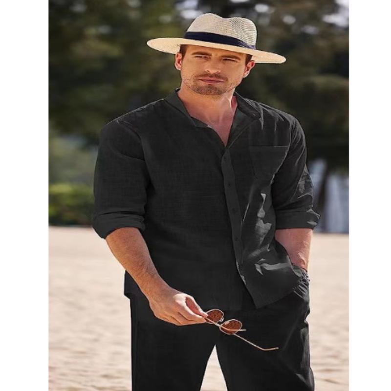 Plus Size Herr Casual Linne Tvådelade Set Europe Style Vintage Basic Toppar och solida byxor Kostym Man Beach Träningsoveraller Set