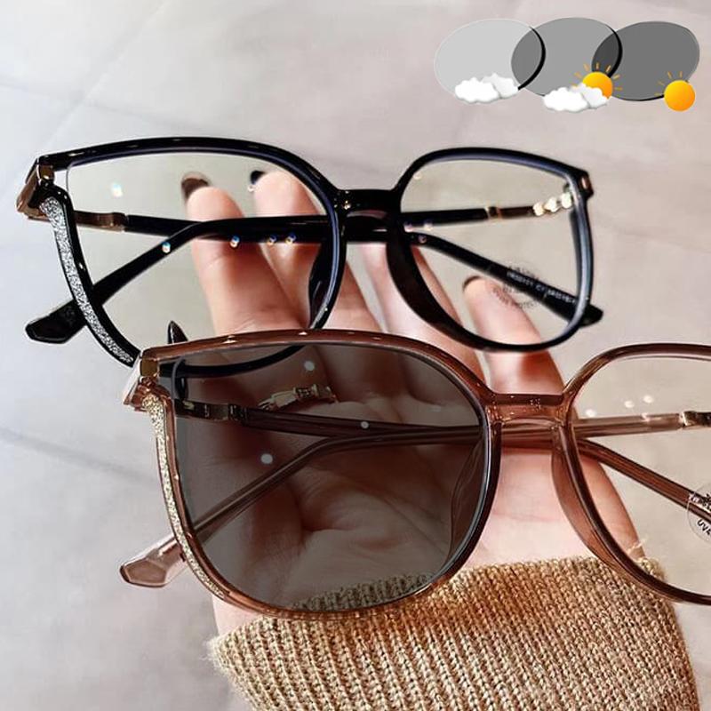 Pochromic Myopia Glasses for Women Oversized Sparkling Frame Eyewear Outdoor UV Protection Sunglasses Near Sight GLasses