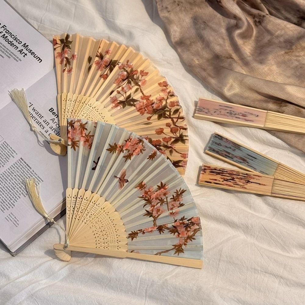 Portable Vintage Style Chinese Japanese Folding Fan Plastic Colorful Shank Classical Dance Fan Crafts Folding Photo Props Gifts