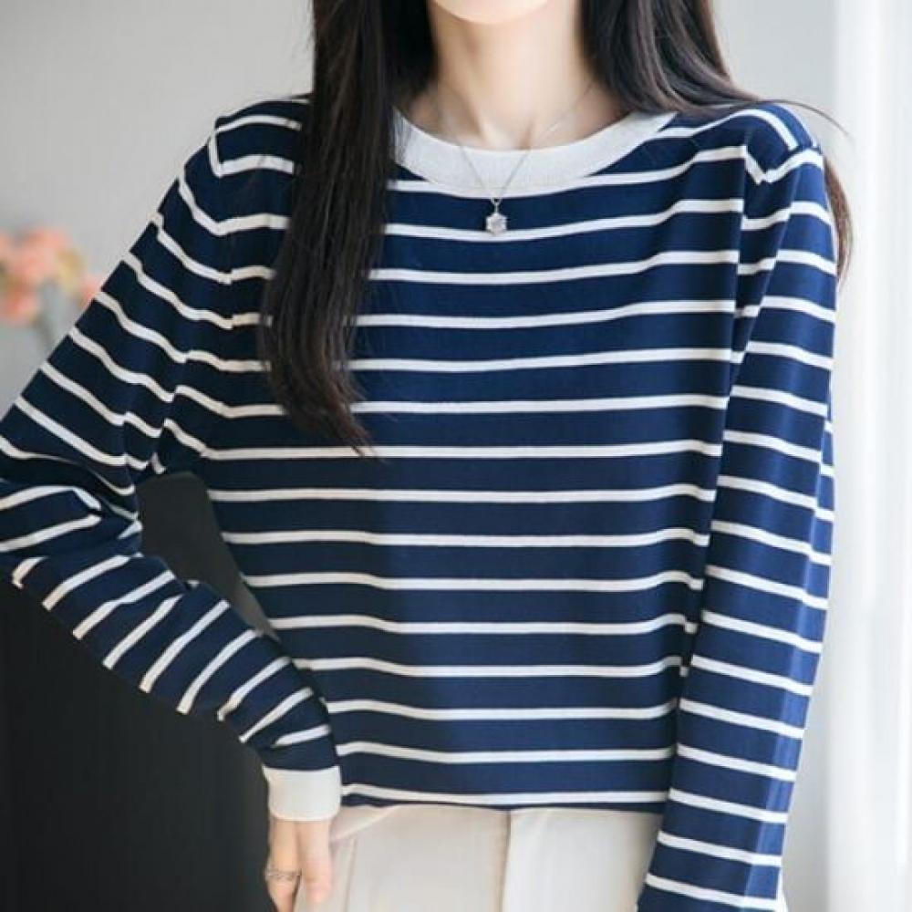 Navava Women Stripe Round Neck Long Sleeve Knit Nk3244