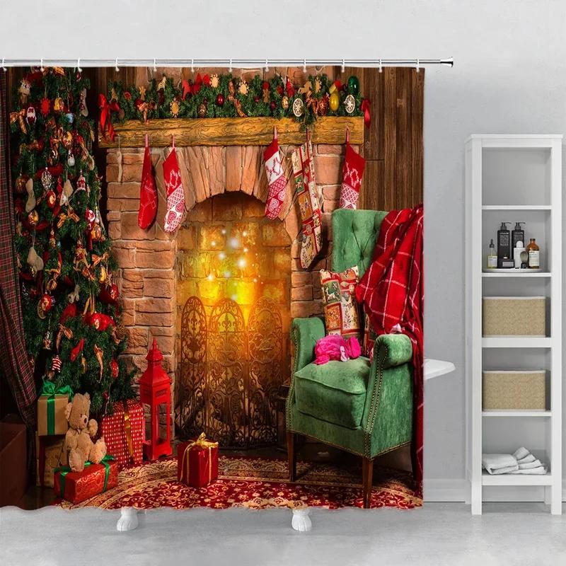 Christmas Shower Curtains Stairs Santa Claus Dancing Prints for Photography Cloth Studio Background New Year Home Bathroom