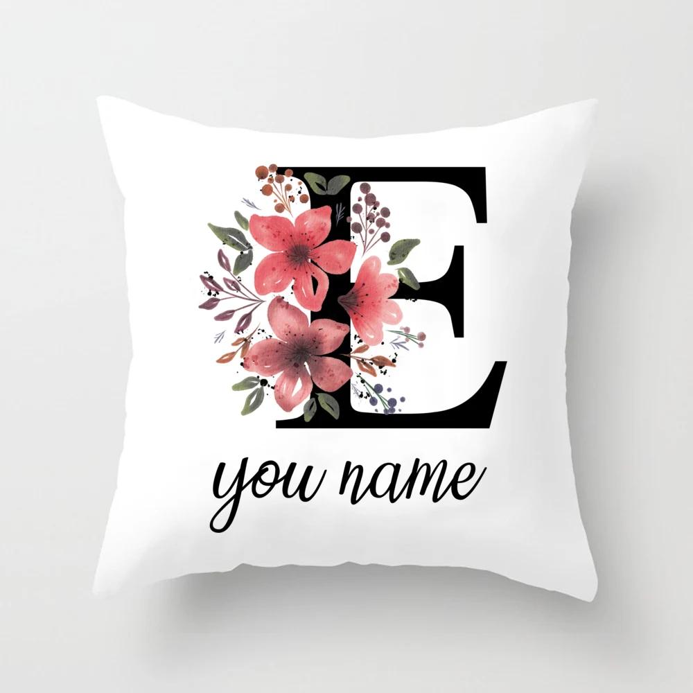 Personalized Name Flower Letter Pillow Case Alphabet Print White Square Pillow Case Dust Cover Bedroom Party Decoration