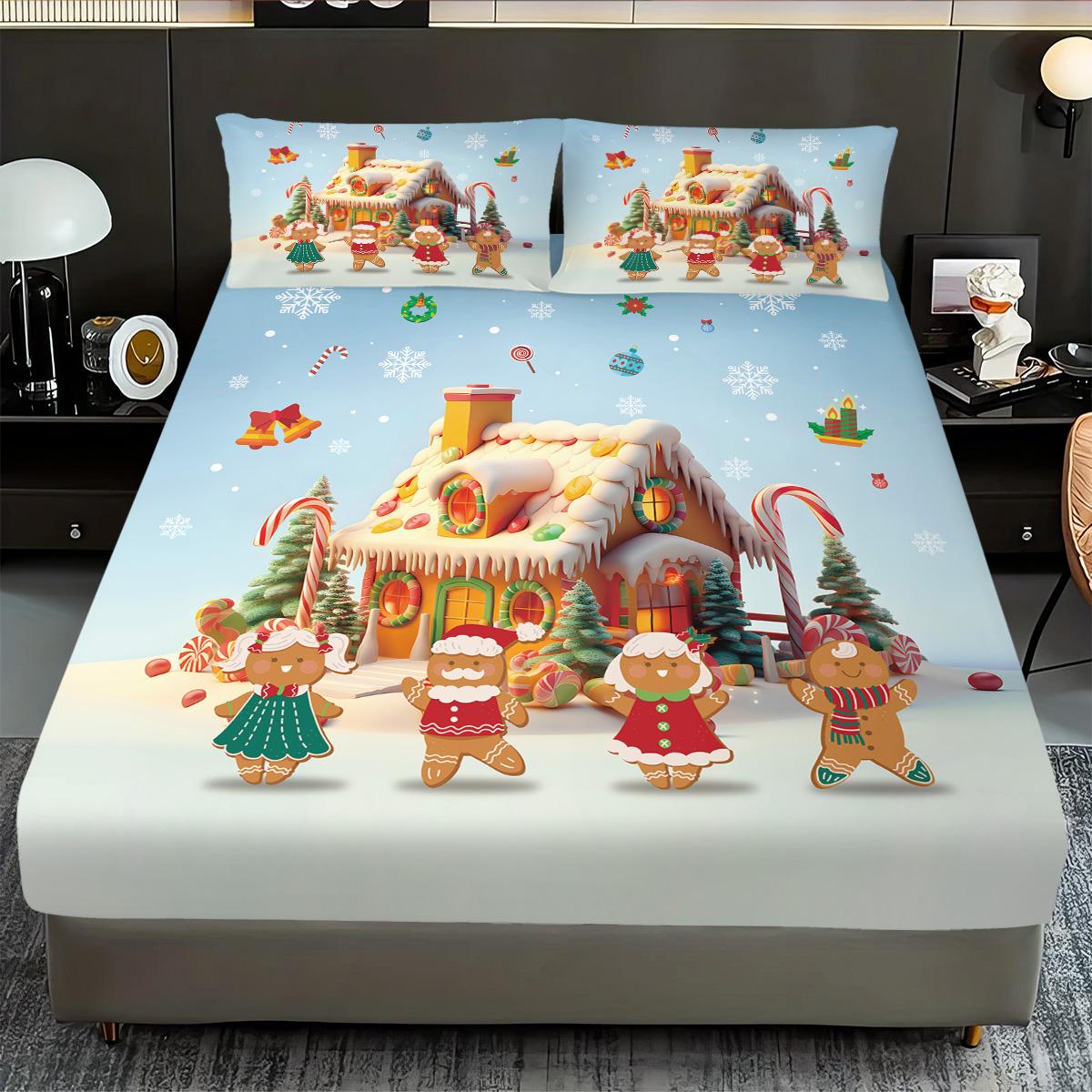 

3 шт. Рождественский домик Пряничный человечек Бесчиповый комплект простыней разных размеров Мягкое покрывало для кровати Спальня Общежитие Постельное белье Украшение 90x191cm