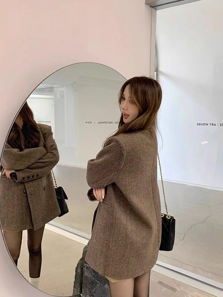 New Korean Chic Elegant Reversible Cashmere Coat Women Autumn Winter Loose Woolen Blazer Jackets Short Streetwear Clothes