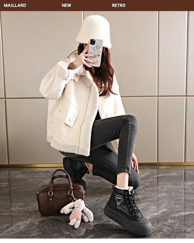 Sneakers women's 2024 new winter velvet warm thick-soled non-slip leather surface waterproof versatile casual cotton shoes women's