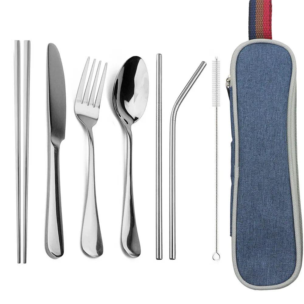 Travel Hiking Portable Dinnerware Set with Pouch Reusable Stainless Steel Straw Cutlery Knife Spoon Fork Chopsticks Silverware