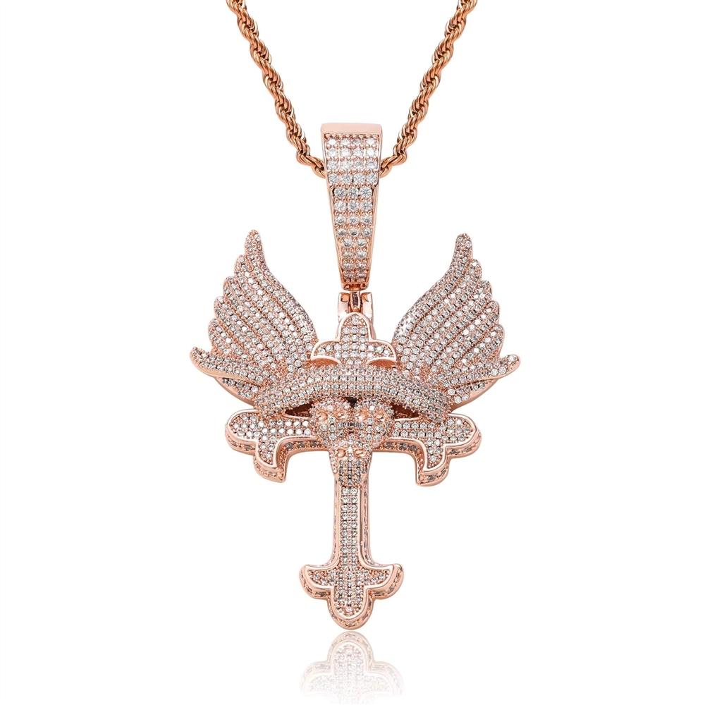 Sparkling Iced Out CZ Wing Pendant Bling Chain Necklace Men Hip Hop Solid Retro Design Luxury Statement Fashion Jewelry
