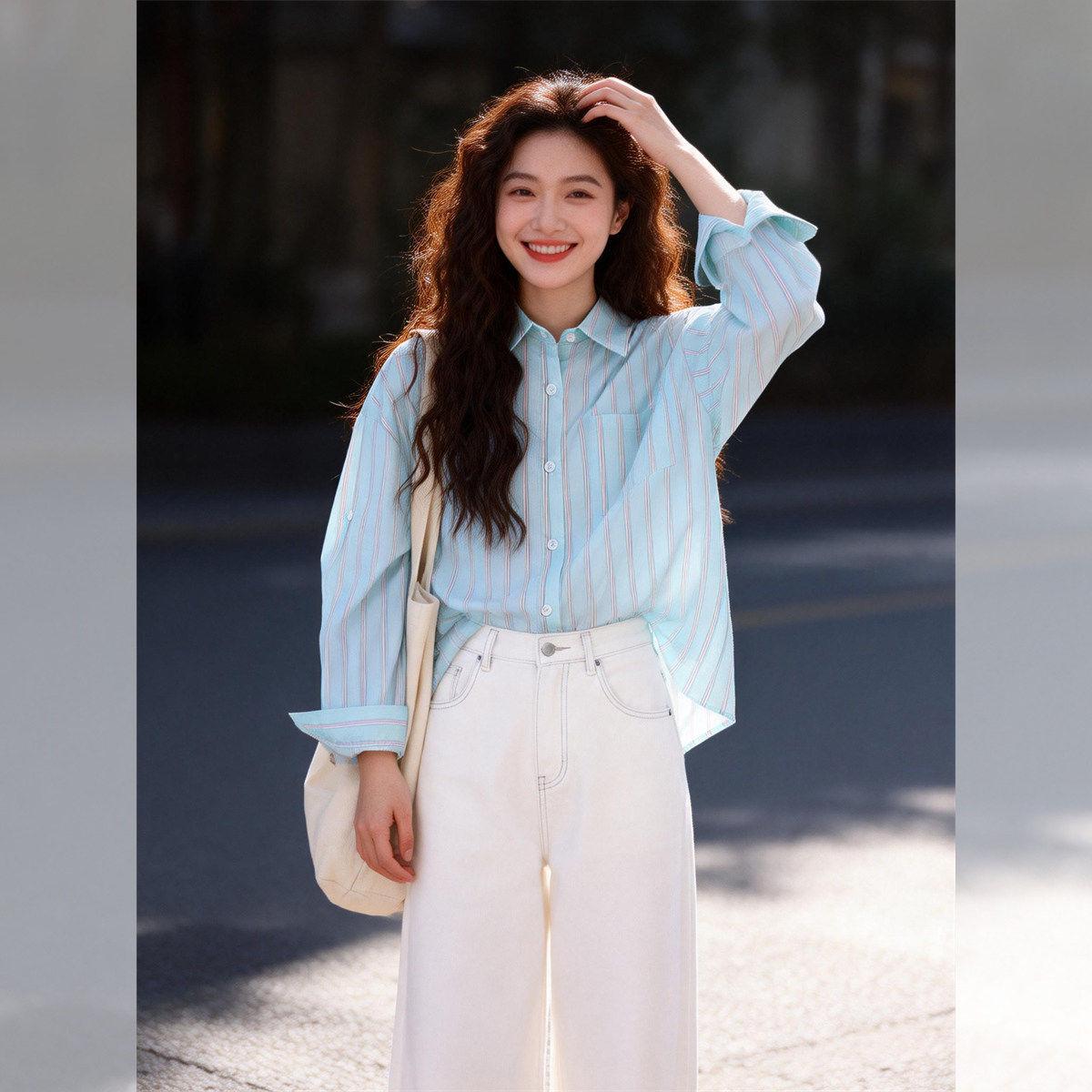 Elegant French Striped Shirt for Women - Loose Fit, Slimming, Perfect for Spring and Autumn Commutes 2XL