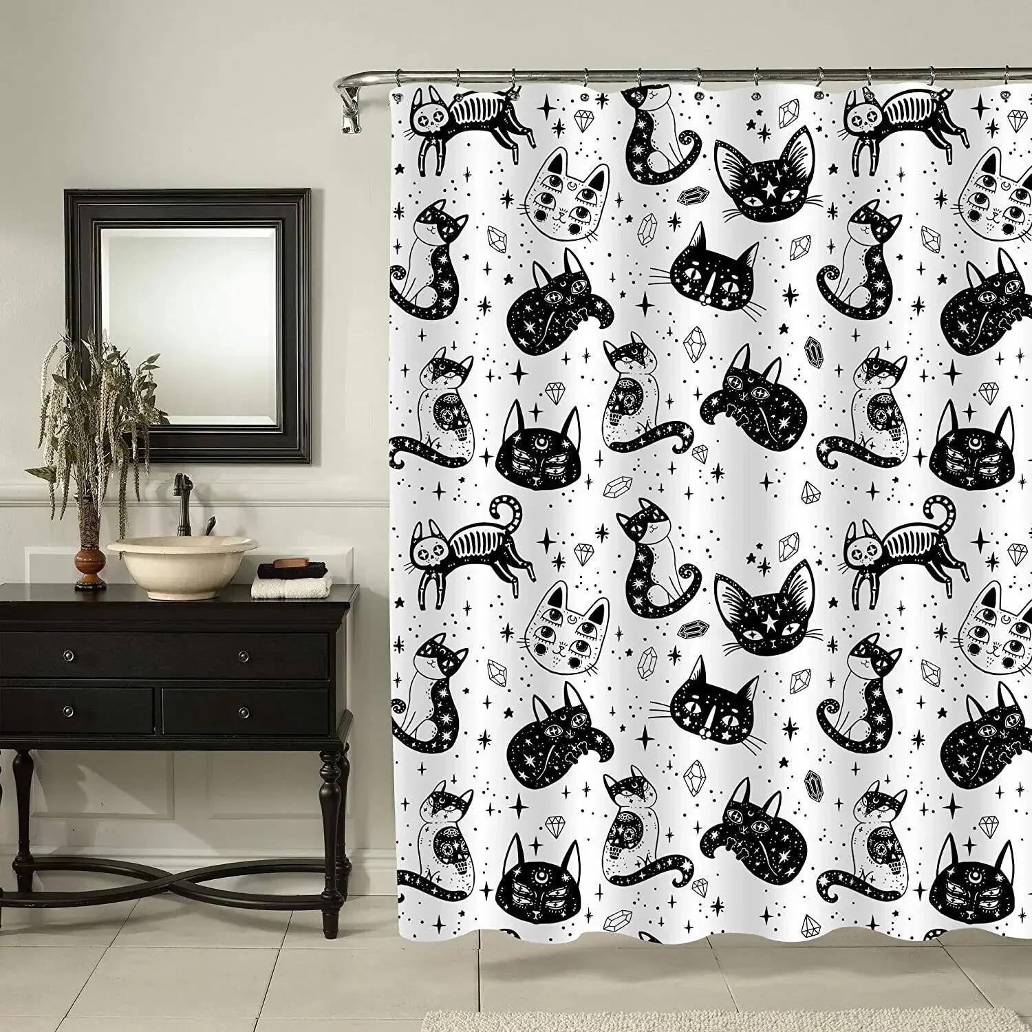 

Black And White Cat Shower Curtains Set Cute Abstract Kitten Theme Woman And Girl Gifts Fabric Bath Curtain For Bathroom Decor W60H190(CM)-1 Pcs