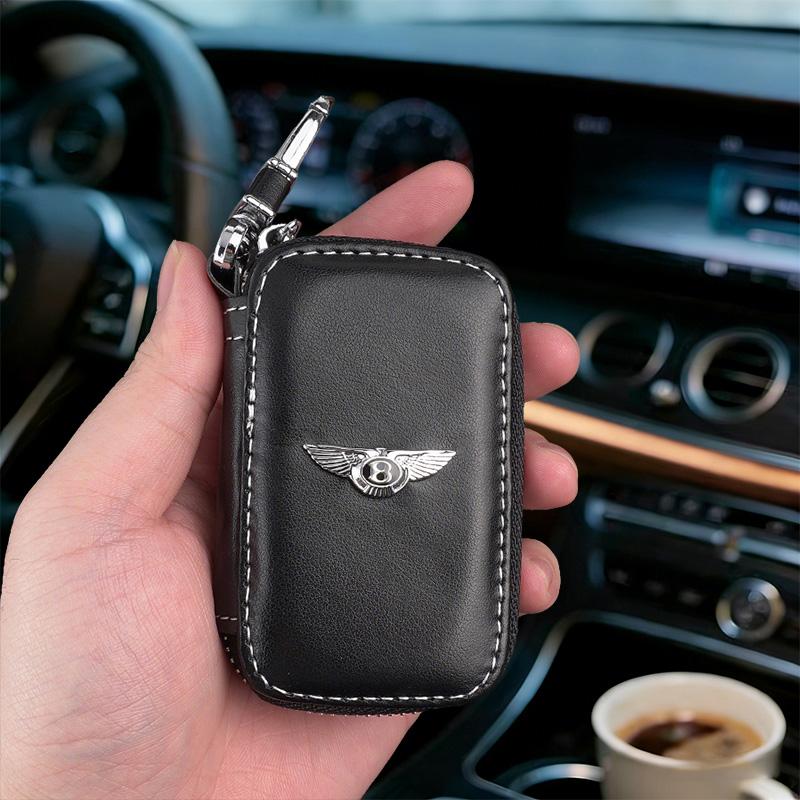 Husă din Piele pentru Chei Auto cu Logo Metalic 3D, Geantă Portofel cu Fermoar, Suport pentru Accesorii Bentley Flying Spur Continental GT Bentayga Mulsanne